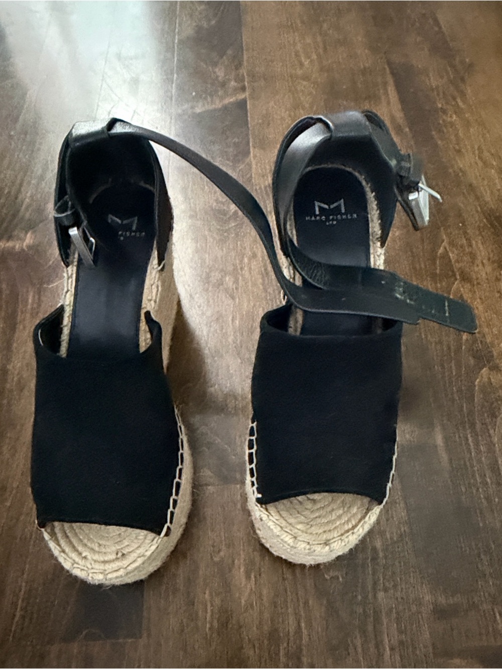 Marc Fisher Black Espadrille Wedge Sandals with Ankle Strap